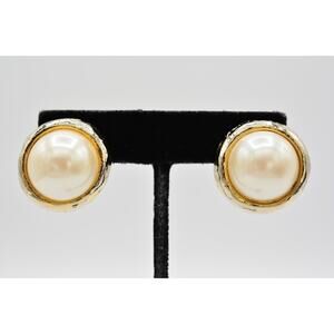 Donald Stannard Vintage Clip On Earrings Pearl Gold Tone Chunky Signed 80s BinAK